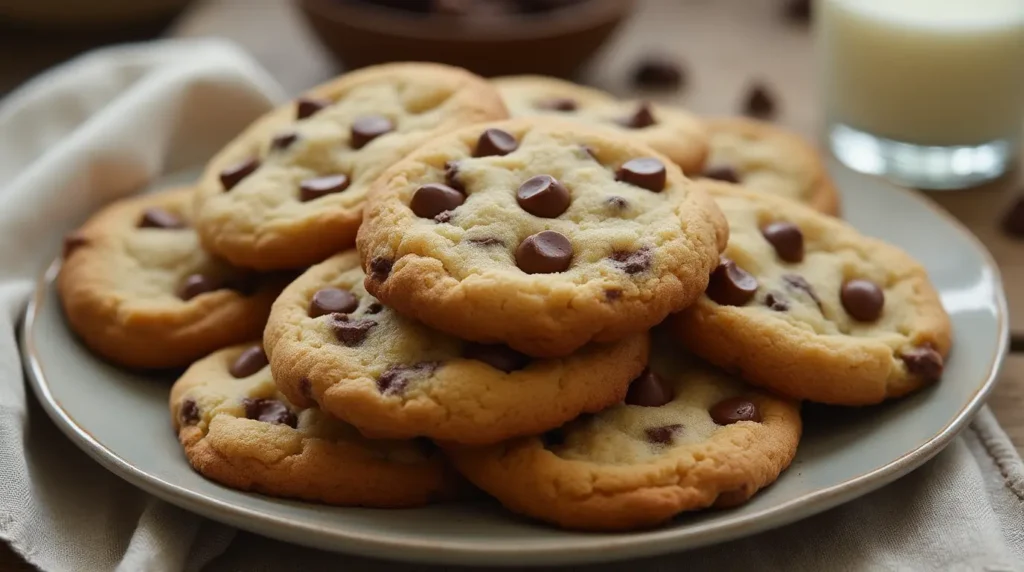 A plate of freshly baked Nestlé chocolate chip cookies with golden-brown edges, soft centers, and gooey chocolate chips, accompanied by a glass of milk on a wooden table.