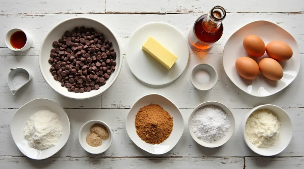 A flat lay of ingredients for Nestlé chocolate chip cookies, including chocolate chips, butter, eggs, vanilla extract, sugar, flour, baking soda, and salt on a wooden countertop.