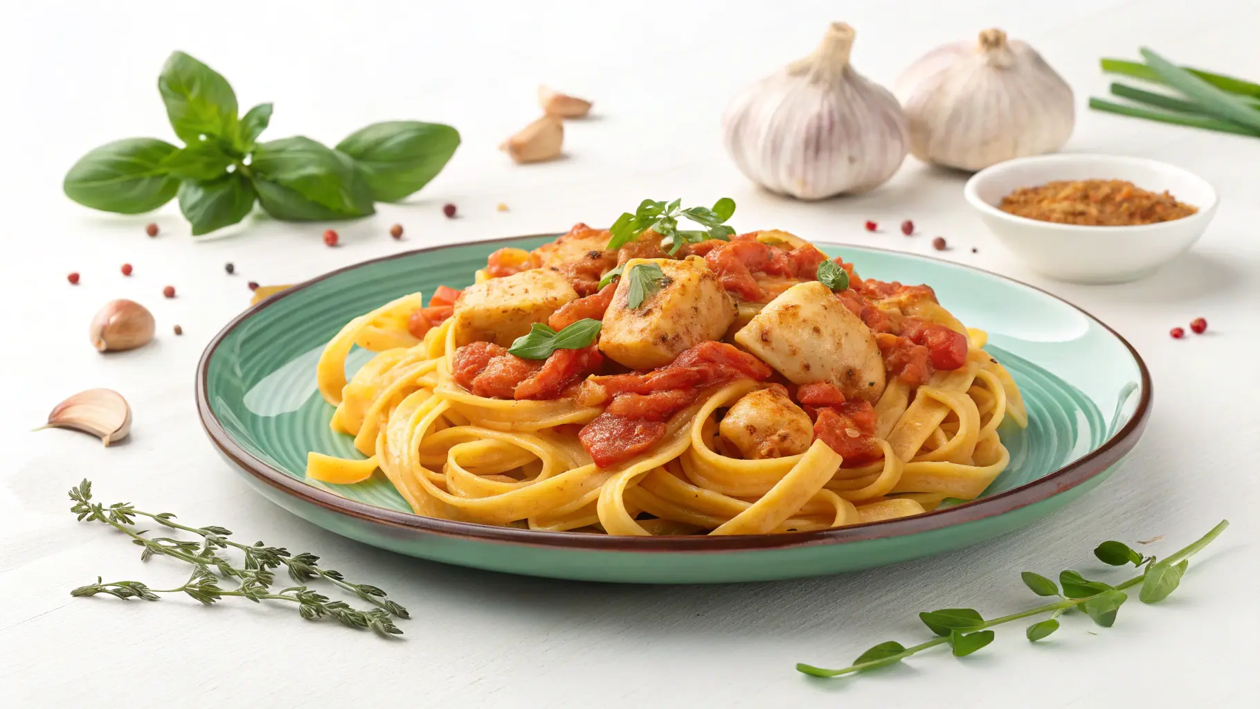 A plate of Marry Me Chicken Pasta featuring tender chicken breasts, creamy tomato sauce, sun-dried tomatoes, and freshly grated parmesan, garnished with basil.