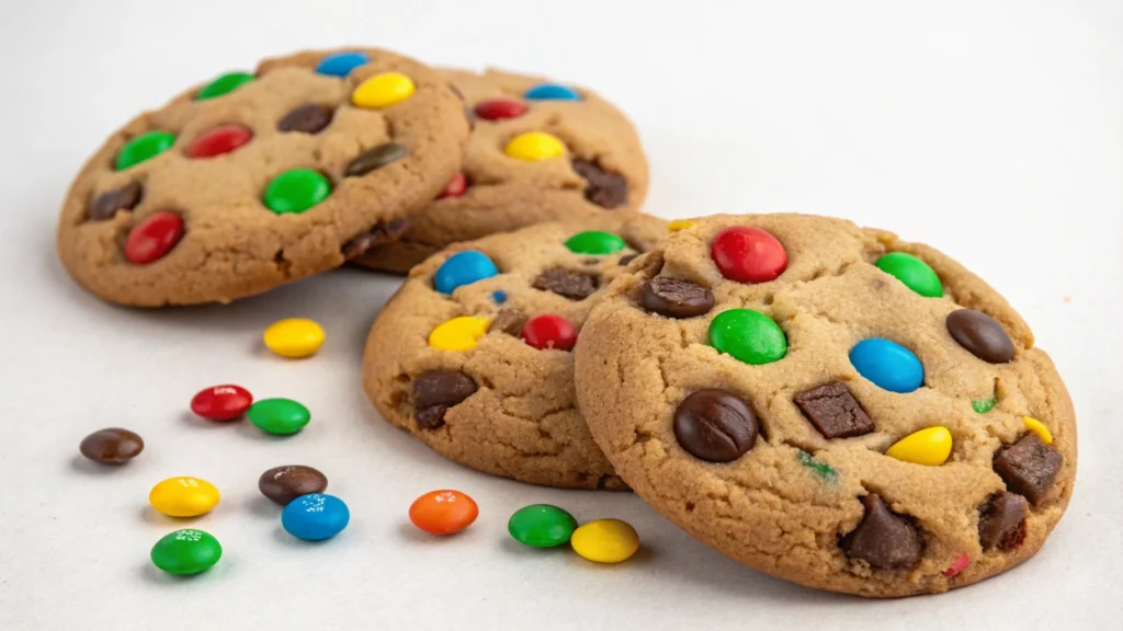 A colorful plate of Nestlé chocolate chip cookies baked with vibrant M&Ms, showcasing golden-brown edges, gooey chocolate chips, and candy-coated chocolates.