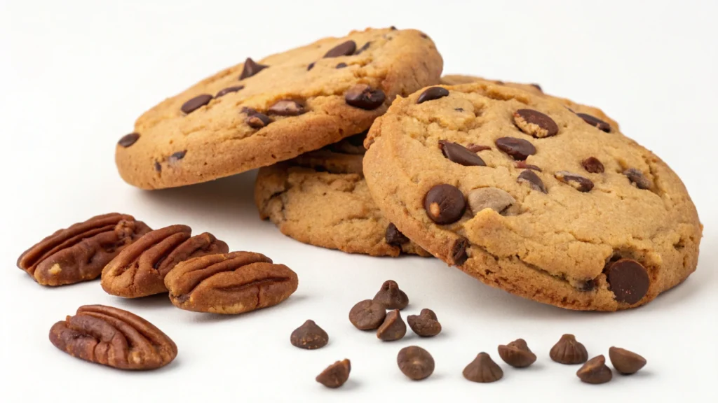 A plate of freshly baked Nestlé chocolate chip cookies with golden-brown edges, melty chocolate chips, and chunks of pecans, set on a rustic wooden surface.