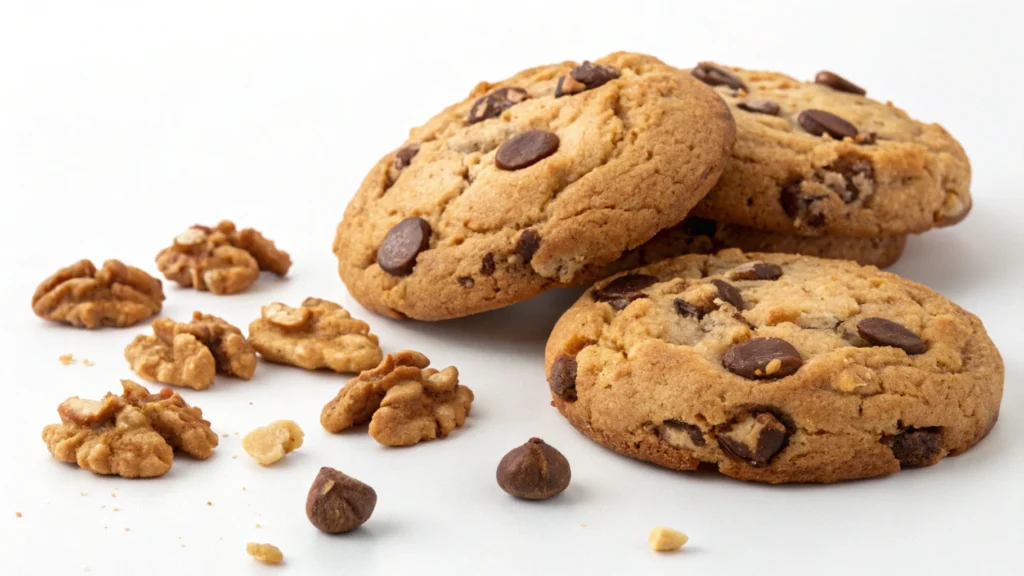 A plate of freshly baked Nestlé chocolate chip cookies with golden-brown edges, gooey chocolate chips, and crunchy walnut pieces, placed on a rustic wooden table.