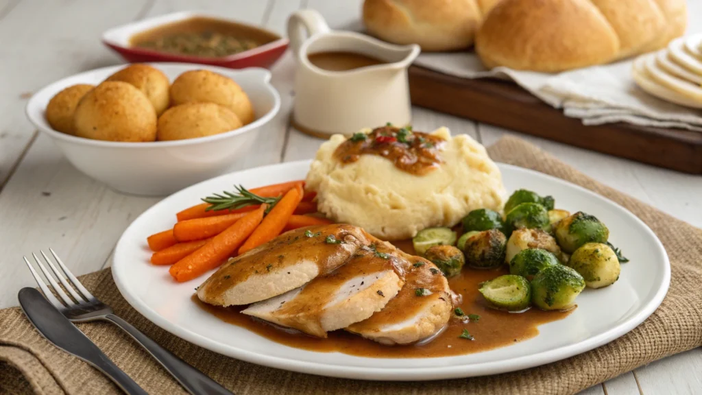Serving suggestions for chicken and gravy recipe with mashed potatoes, roasted vegetables, and dinner rolls on a cozy dinner table.