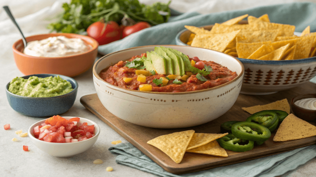 Colorful platter with taco dip served alongside tortilla chips, fresh veggies, and additional toppings like jalapeños and cilantro.