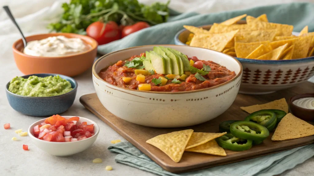 Colorful platter with taco dip served alongside tortilla chips, fresh veggies, and additional toppings like jalapeños and cilantro.