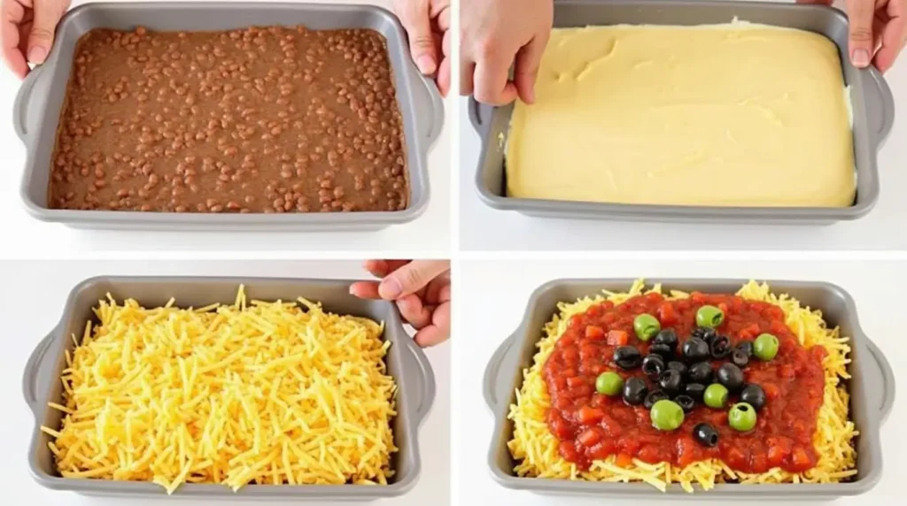 A step-by-step image showing the process of assembling a taco dip. The first step shows spreading refried beans, followed by layers of creamy cheese, salsa, shredded cheese, and fresh toppings like diced tomatoes and black olives.