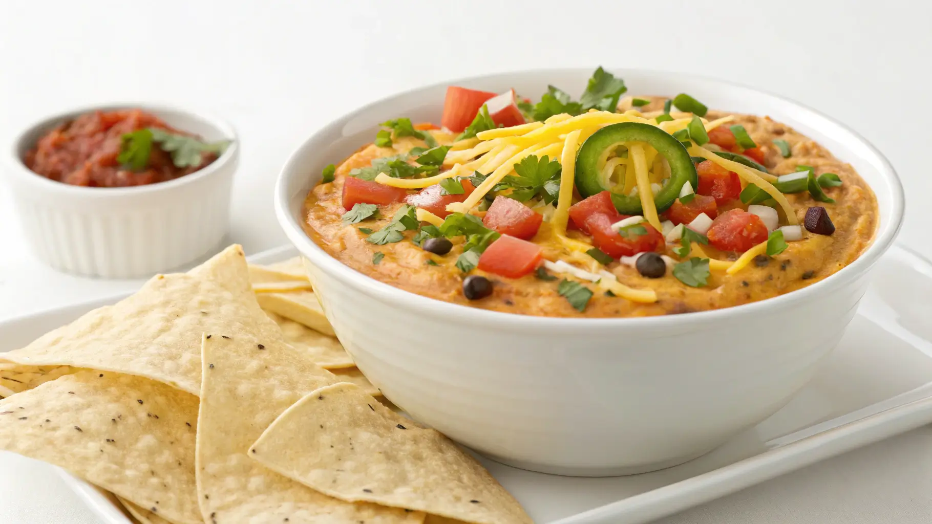 A delicious, layered taco dip recipe with creamy cheese, salsa, and fresh toppings like tomatoes, olives, and green onions, served with tortilla chips.