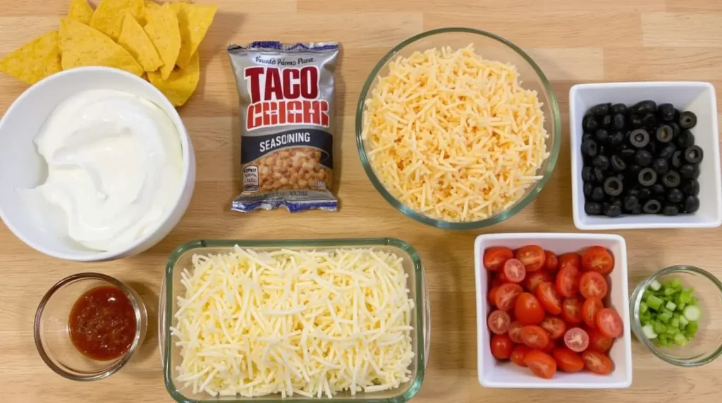 A neatly arranged selection of taco dip ingredients including sour cream, taco seasoning, refried beans, shredded cheese, salsa, diced tomatoes, black olives, and green onions, with tortilla chips on the side.