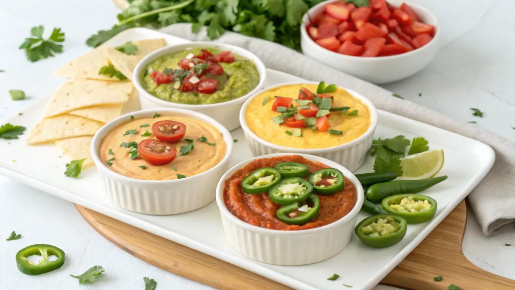 A variety of taco dips with different toppings, including classic, spicy with jalapeños, and a vegetarian version with guacamole and black beans, displayed on a table.