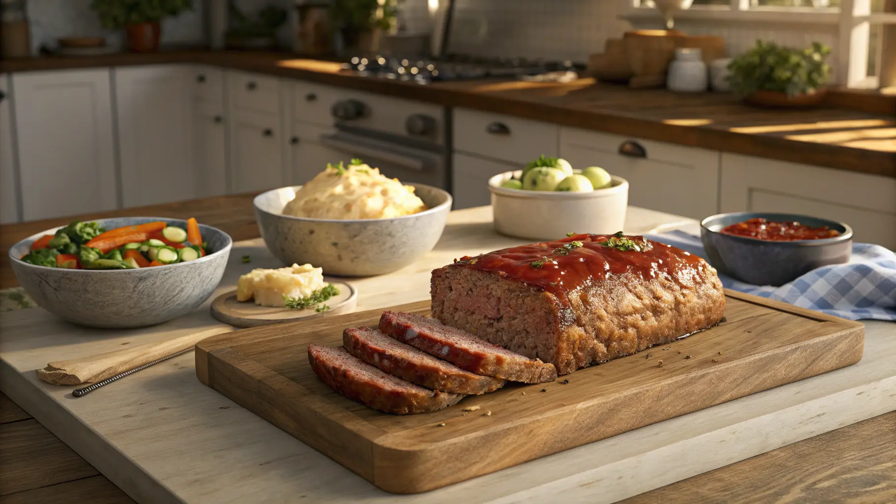 A perfectly baked meatloaf glazed with ketchup, served on a wooden cutting board, made using the classic meatloaf recipe Lipton Onion Soup mix.