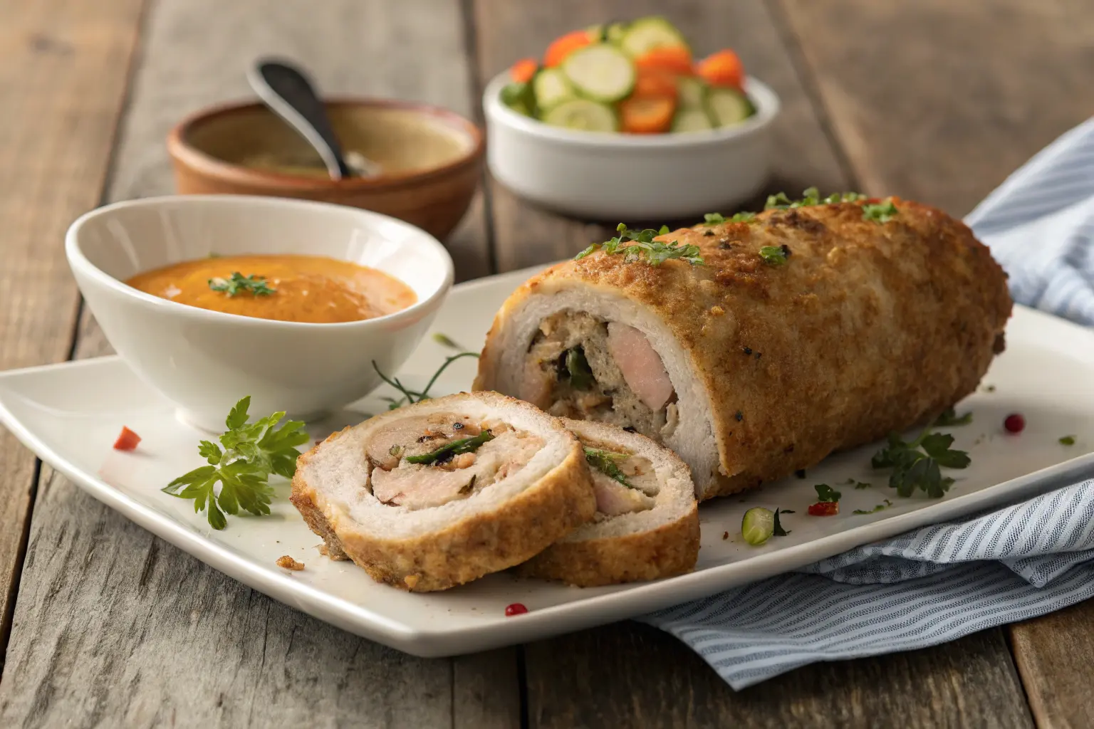 Delicious Stuffed Meat Roll with golden-brown crust, garnished with fresh herbs and served with vegetables.
